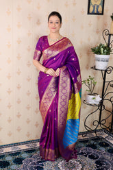 Purple Soft Silk Banarasi Multicolor Pallu Zari Woven Saree