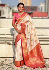 Cream Soft Silk Saree with Flower Butta Meenakari Zari Woven Saree