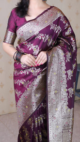Wine Soft Silk Banarasi Jaal Meenakari Zari Woven Saree