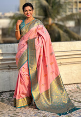 Baby Pink Soft Silk Saree with Flower Butta Meenakari Zari Woven Saree