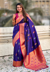 Violet Soft Silk Saree with Flower Butta Meenakari Zari Woven Saree