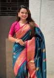 Denim Blue Soft Silk Saree with Flower Butta Meenakari Zari Woven Saree