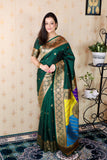 Bottle Green Soft Silk Banarasi Multicolor Pallu Zari Woven Saree