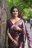 Kajal in our Wine Banarasi Soft Silk Silver Zari Woven Saree
