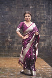 Kajal in our Wine Banarasi Soft Silk Silver Zari Woven Saree