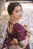 Kajal in our Wine Banarasi Soft Silk Silver Zari Woven Saree