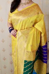 Yellow Soft Silk Banarasi Multicolor Pallu Zari Woven Saree