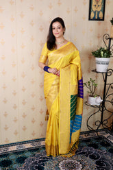 Yellow Soft Silk Banarasi Multicolor Pallu Zari Woven Saree