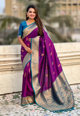 Wine Soft Silk Saree with Flower Butta Meenakari Zari Woven Saree