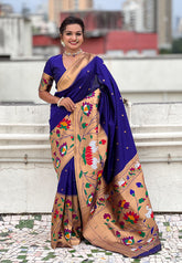 Violet Paithani Silk Saree with Half Half Concept Big Border Zari Woven Saree