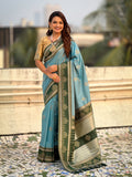 Baby Blue Soft Silk Traditional Zari Contrast Woven Saree