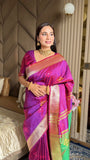 Magenta Soft Silk Ikkat Patola Saree with Meenakari Motifs Peacock Pallu and Gold Zari Border