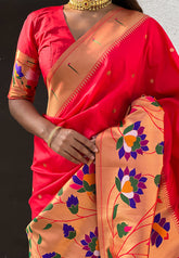 Red Paithani Silk Saree with Half Half Concept Big Border Zari Woven Saree