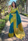 Sea Blue Soft Silk Floral Border Contrast Zari Woven Saree