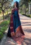Peacock Blue Soft Silk Floral Border Contrast Zari Woven Saree