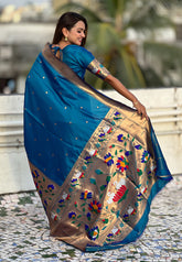 Blue Paithani Silk Saree with Half Half Concept Big Border Zari Woven Saree