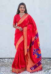 Red Zari Woven Vitthala God Special Traditional Paithani Silk Saree