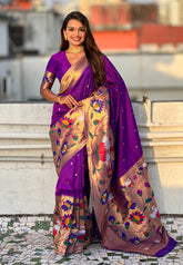Purple Paithani Silk Saree with Half Half Concept Big Border Zari Woven Saree