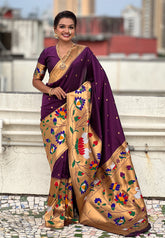 Wine Paithani Silk Saree with Half Half Concept Big Border Zari Woven Saree