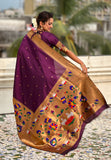 Wine Paithani Silk Saree with Half Half Concept Big Border Zari Woven Saree