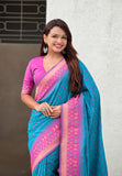 Sky Blue Soft Silk Zari Woven Patola Saree with Contrast Bandhani Weaves
