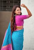 Sky Blue Soft Silk Zari Woven Patola Saree with Contrast Bandhani Weaves