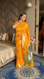 Orange Soft Silk Ikkat Patola Saree with Meenakari Motifs Peacock Pallu and Gold Zari Border
