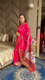 Pink Soft Silk Ikkat Patola Saree with Meenakari Motifs Peacock Pallu and Gold Zari Border