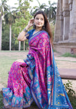 Himanshi in our Wine Soft Silk Zari Woven Patola Saree with Contrast Weaves