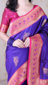 Violet Soft Silk Banarasi Peacock Zari Woven Saree