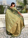 Pista Green Soft Silk Dusty Concept Zig Zag Zari Woven Saree