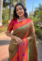 Mehendi Green Original Meenakari Muniya Paithani Silk Zari Woven Saree