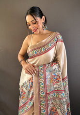 Cream Tussar Silk Madhubani Printed Saree with Zari Woven Border