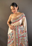 Cream Tussar Silk Madhubani Printed Saree with Zari Woven Border