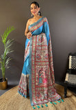 Curious Blue Tussar Silk Madhubani Printed Saree with Zari Woven Border