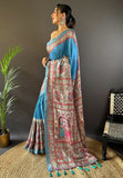 Curious Blue Tussar Silk Madhubani Printed Saree with Zari Woven Border