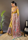 Gold Tussar Silk Madhubani Printed Saree with Zari Woven Border