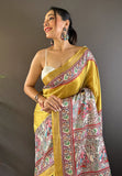 Gold Tussar Silk Madhubani Printed Saree with Zari Woven Border