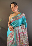 Turquoise Blue Tussar Silk Madhubani Printed Saree with Zari Woven Border