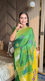 Mehendi Soft Silk Ikkat Patola Saree with Meenakari Motifs Peacock Pallu and Gold Zari Border