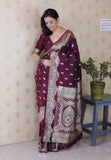 Wine Banarasi Soft Silk Silver Zari Woven Saree
