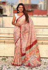 Brown Katki Silk Floral Printed Saree with Piping Border