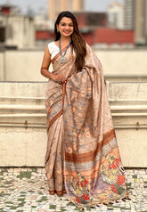 Brown Katki Silk Floral Printed Saree with Piping Border
