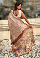 Brown Katki Silk Floral Printed Saree with Piping Border