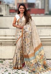 Yellow Katki Silk Floral Printed Saree with Piping Border