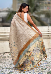 Yellow Katki Silk Floral Printed Saree with Piping Border