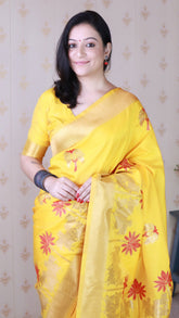 Bright Yellow Soft Silk Saree with Kamdhenu Weaves Zari Woven Saree