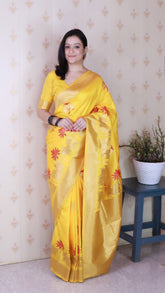 Bright Yellow Soft Silk Saree with Kamdhenu Weaves Zari Woven Saree