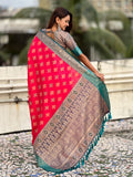 Pink Soft Silk Zari Woven Ikkat Patola Saree with Contrast Weaves