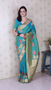 Aqua Blue Soft Silk Saree with Kamdhenu Weaves Zari Woven Saree